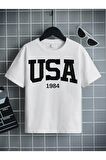 Ünisex Rahat Kalıp Pamuklu Baskılı Beyaz Çocuk T-shirt