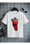 Ünisex Rahat Kalıp Pamuklu Baskılı Beyaz Çocuk T-shirt