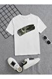 Ünisex Rahat Kalıp Pamuklu Baskılı Beyaz Çocuk T-shirt