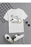 Ünisex Rahat Kalıp Pamuklu Baskılı Beyaz Çocuk T-shirt