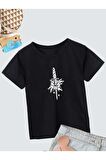 Ünisex Rahat Kalıp Pamuklu Baskılı Siyah Çocuk T-shirt
