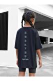 Çocuk Oversize Unisex Sırtta Japonca Yazı Pamuklu Bisiklet Yaka Tişört