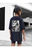 Çocuk Oversize Unisex Parçalı Iskelet Baskılı Pamuklu Bisiklet Yaka Tişört