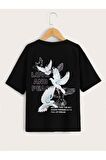 Unısex Rahat Kalıp Pamuklu Beyaz Güvercin Baskılı Çocuk T-shirt