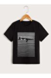 Unısex Rahat Kalıp Pamuklu ÇİZGİLİ KEDİ Baskılı Çocuk T-shirt