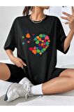 Unisex MİNİCİK KALPLER Baskılı Oversize Tshırt