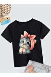 Ünisex Rahat Kalıp Pamuklu Baskılı Siyah Çocuk T-shirt