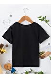 Ünisex Rahat Kalıp Pamuklu Baskılı Siyah Çocuk T-shirt