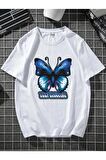 Unisex Mavi Kelebek Oversize Tshirt
