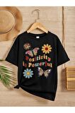 Unisex Rahat Kalıp Pamuklu Baskılı Siyah Çocuk T-shirt