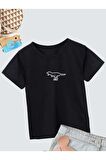 Unisex Rahat Kalıp Pamuklu Baskılı Siyah Çocuk T-shirt