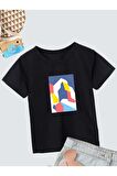 Ünisex Rahat Kalıp Pamuklu Baskılı Siyah Çocuk T-shirt