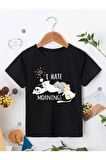 Ünisex Rahat Kalıp Pamuklu Baskılı Siyah Çocuk T-shirt