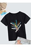 Ünisex Rahat Kalıp Pamuklu Baskılı Siyah Çocuk T-shirt