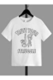 Ünisex Rahat Kalıp Pamuklu Baskılı Beyaz Çocuk T-shirt