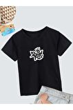 Ünisex Rahat Kalıp Pamuklu Baskılı Siyah Çocuk T-shirt