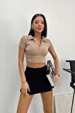 Kadın Polo Yaka Crop Bluz