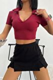 Kadın Polo Yaka Crop Bluz