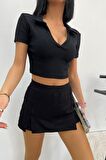 Kadın Polo Yaka Crop Bluz