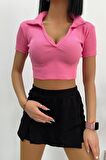 Kadın Polo Yaka Crop Bluz