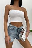 Kadın Slim Fit Kare Yaka İp Askılı Fitilli Crop Büstiyer