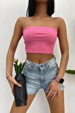 Kadın Slim Fit Kare Yaka İp Askılı Fitilli Crop Büstiyer
