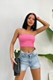 Kadın Slim Fit Kare Yaka İp Askılı Fitilli Crop Büstiyer