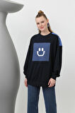 Puane İki İplik Kumaş Smile Baskılı Oversize Tesettür Sweatshirt