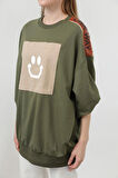 Puane İki İplik Kumaş Smile Baskılı Oversize Tesettür Sweatshirt