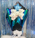 Premium 90 cm Peluş Ayı ve Yıldız Balonlu, Hologramlı Sunumda Beyaz Peluş Ayıcık Buketi