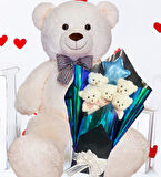 Premium 90 cm Peluş Ayı ve Yıldız Balonlu, Hologramlı Sunumda Beyaz Peluş Ayıcık Buketi