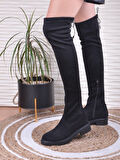 Siyah Kadın Çizme Diz Üstü Streç Çorap Fermuarlı Kısa Topuklu Bot 177
