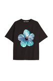 Kadın Çiçek  Özel Baskılı Renkli Oversize Penye Pamuklu Bisiklet Yaka T-Shirt