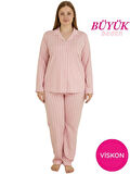 Kadın Büyük Beden Viskon Önden Düğmeli Gömlek Yaka Göğüs Cepli Uzun Kol Mevsimlik Pijama Takımı