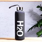 Kılıflı H2O cam matara - su matarası 500 ml suluk gri