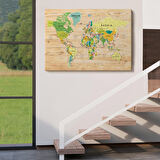 Harita Sepeti Ahşap Görünümlü Dünya Haritası Ayrıntılı ve Dekoratif Kanvas Tablo 1791