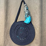 Uretti - Yıldız 7202 El Örgüsü Kağıt İp Hasır Çanta - Lacivert