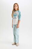 DeFacto Kız Çocuk Pijama Takımı Bisiklet Yaka Baskılı Uzun Kollu Üst Çizgili Uzun Alt D6059A824AUGN1209