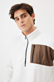 Erkek Beyaz Oversize Bol Kesim Bato Yaka Cep Detaylı Fermuarlı Soğuk Geçirmez Polar Sweatshirt