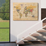Harita Sepeti Ahşap Görünümlü Dünya Haritası Ayrıntılı ve Dekoratif Kanvas Tablo 1800