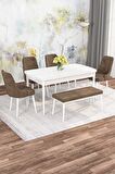 Rovena Mona Beyaz 80x132 Açılabilir Mdf Mutfak Masası Takımı 4 Adet Sandalye+1 Bench