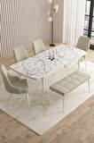 Rovena Queen Beyaz Mermer 80x132 Açılabilir Suntalam Yemek Odası Takımı 4 Adet Sandalye+1 Bench