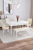 Rovena Marin Beyaz Mermer 80x132 Açılabilir Suntalam Yemek Odası Takımı 4 Adet Sandalye + 1 Bench