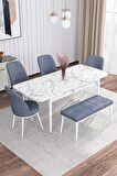 Rovena Marin Beyaz Mermer 80x132 Açılabilir Suntalam Yemek Odası Takımı 4 Adet Sandalye + 1 Bench