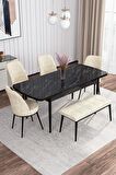 Rovena Marin Siyah Mermer 80x132 Açılabilir Suntalam Yemek Odası Takımı 4 Adet Sandalye + 1 Bench