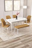 Rovena Zayn Beyaz Mermer 80x132 Açılabilir Suntalam Yemek Odası Takımı 4 Adet Sandalye + 1 Bench