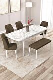 Rovena Zayn Beyaz Mermer 80x132 Açılabilir Suntalam Yemek Odası Takımı 4 Adet Sandalye + 1 Bench