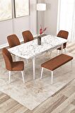 Rovena Zayn Beyaz Mermer 80x132 Açılabilir Suntalam Yemek Odası Takımı 4 Adet Sandalye + 1 Bench