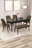 Rovena Zayn Siyah Mermer 80x132 Açılabilir Suntalam Yemek Odası Takımı 4 Adet Sandalye + 1 Bench