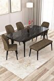 Rovena Zayn Siyah Mermer 80x132 Açılabilir Suntalam Yemek Odası Takımı 4 Adet Sandalye + 1 Bench